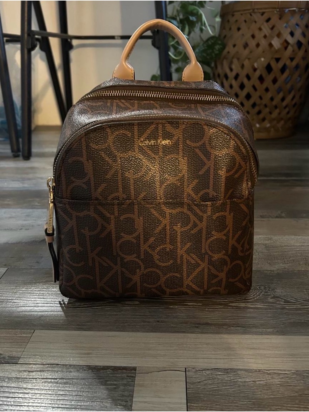Calvin Klein Brown CK Monogram Mini Backpack with Tan Handle